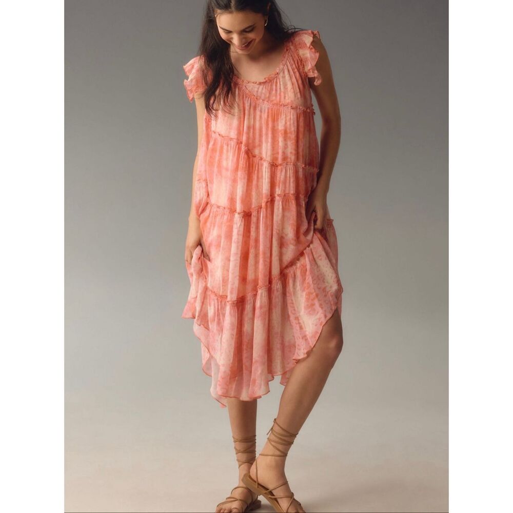 Anthropologie Sz L NWT asymmetric hanky tunic midi dress pink orange